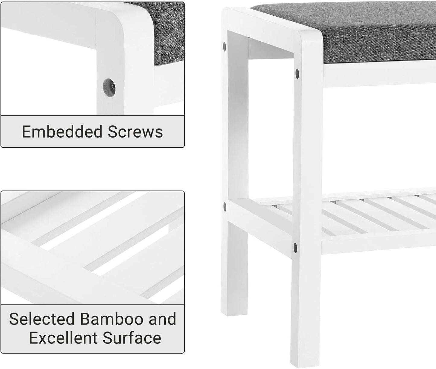 Shoe Rack Bench with Cushion Upholstered Padded Seat, Storage Shelf, Shoe Organizer, Holds up to 350 Lb, Ideal for Entryway Bedroom Living Room Hallway Garage Mud Room Gray and White ULBS65WN