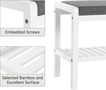 Shoe Rack Bench with Cushion Upholstered Padded Seat, Storage Shelf, Shoe Organizer, Holds up to 350 Lb, Ideal for Entryway Bedroom Living Room Hallway Garage Mud Room Gray and White ULBS65WN