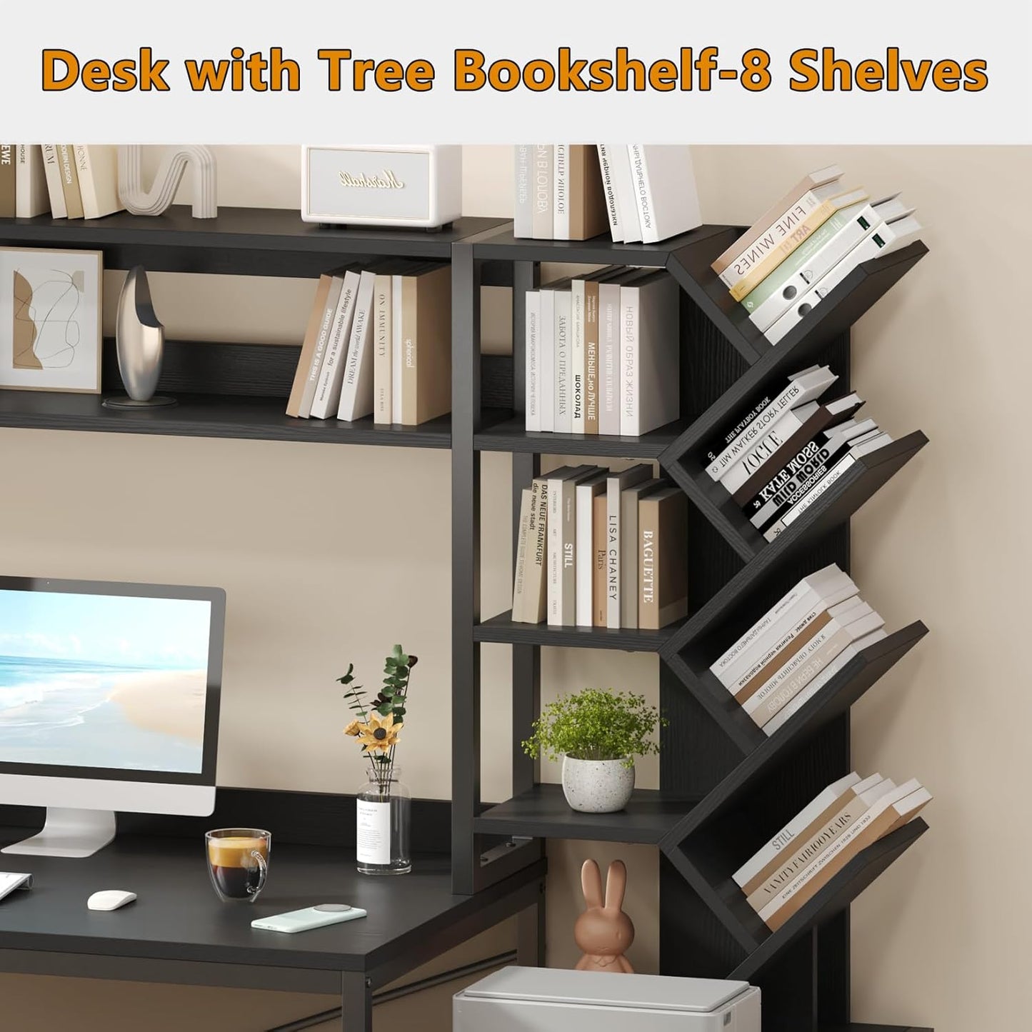 Reversible Computer Desk with Hutch, Home Office Desk with Drawers and Bookshelf, 52'' Study Writing Desk with Storage Shelves for Bedroom Home Office, Black