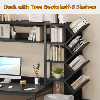 Reversible Computer Desk with Hutch, Home Office Desk with Drawers and Bookshelf, 52'' Study Writing Desk with Storage Shelves for Bedroom Home Office, Black