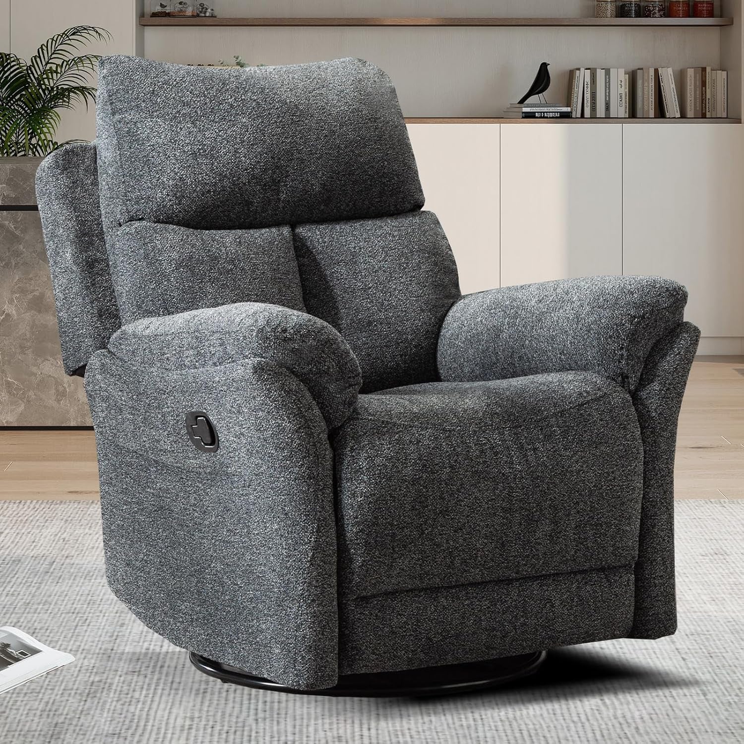 Rocker Recliner, Manual Swivel Recliner with Overstuffed Cushion, Nursing Chairs for Living Room, Swivel Glider Recliners with Soft Backrest, Dark Grey