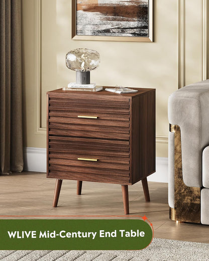 Wood Night Stand Set of 2 with 2 Drawers, Mid Century Modern Nightstand Sets, Fluted Bed Side Tables for Bedroom, Dorm, Living Room End Table