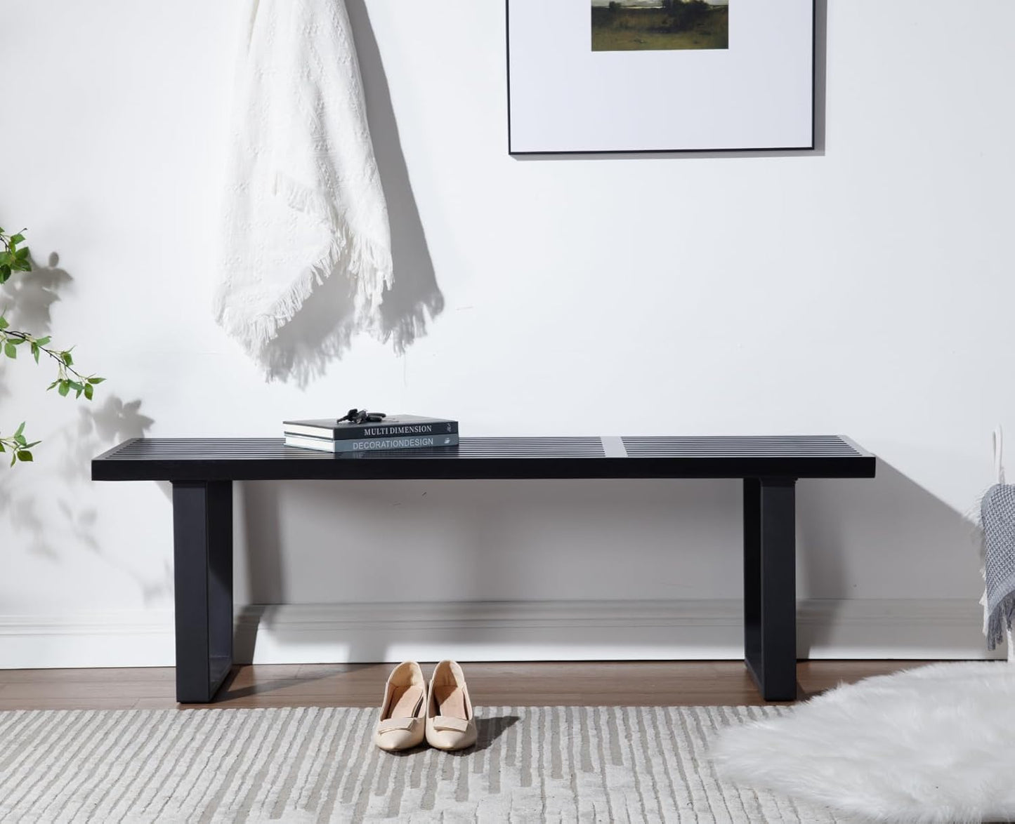 55" Black Solid Wood Entryway Bench, Modern Nelson End of Bed Bench for Bedroom W/Metal Legs, Dining Bench Long Ottoman for Front Entryway Living Room Dining Room Kitchen