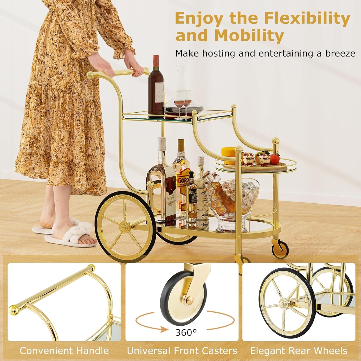 Bar Cart, 3-Tier Rolling Home Bar Serving Cart with Mirrored Shelves & 4 Wheels, Mobile Beverage & Wine Cart for Kitchen, Dining Room, Living Room (Gold)