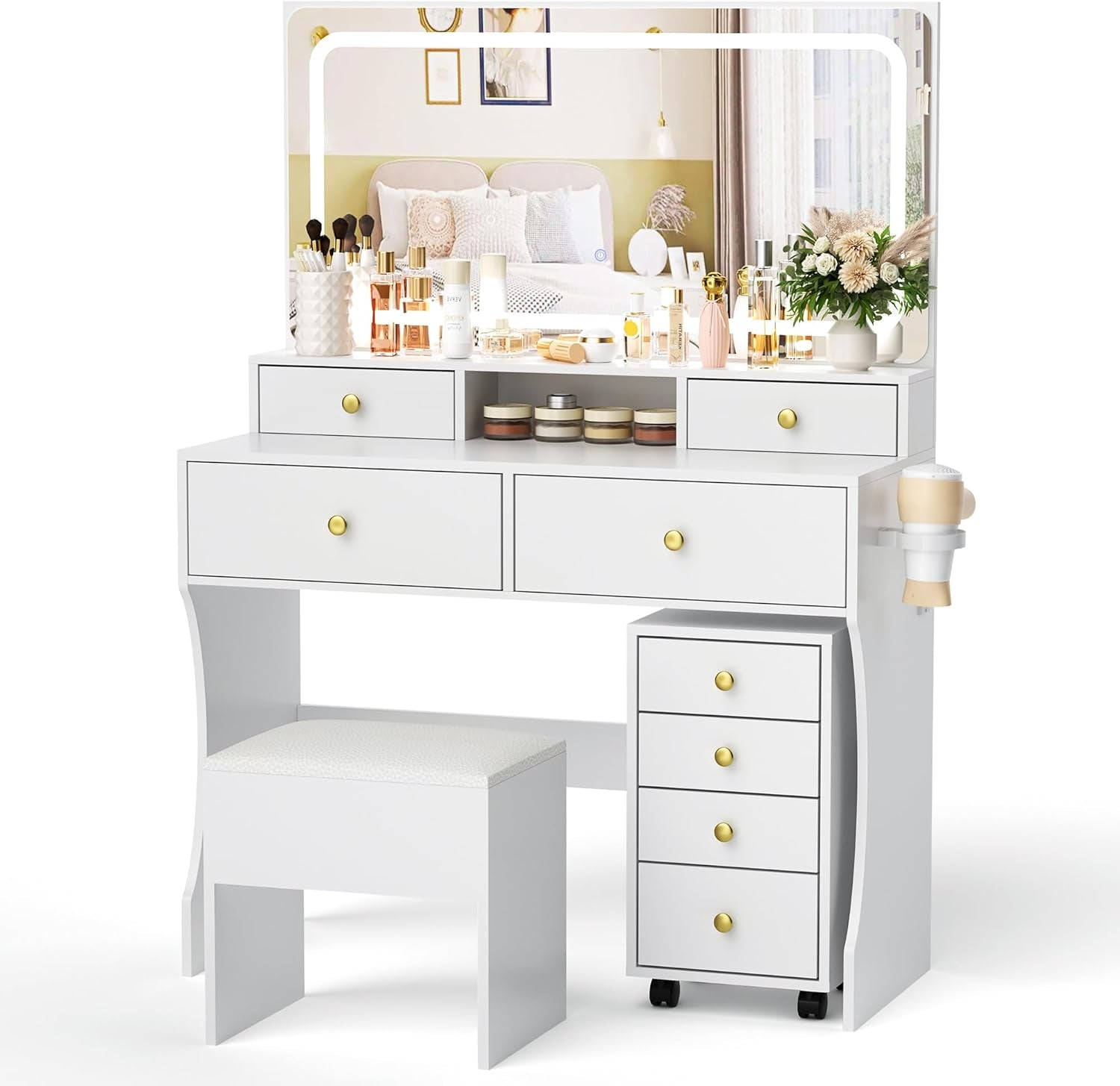 Vanity Desk with File Cabinet, 8 Drawers Makeup Vanity with Mirror and Lights,3 Lighting Modes Dressing Table with Chair, Power Outlet, Silent Slides, White