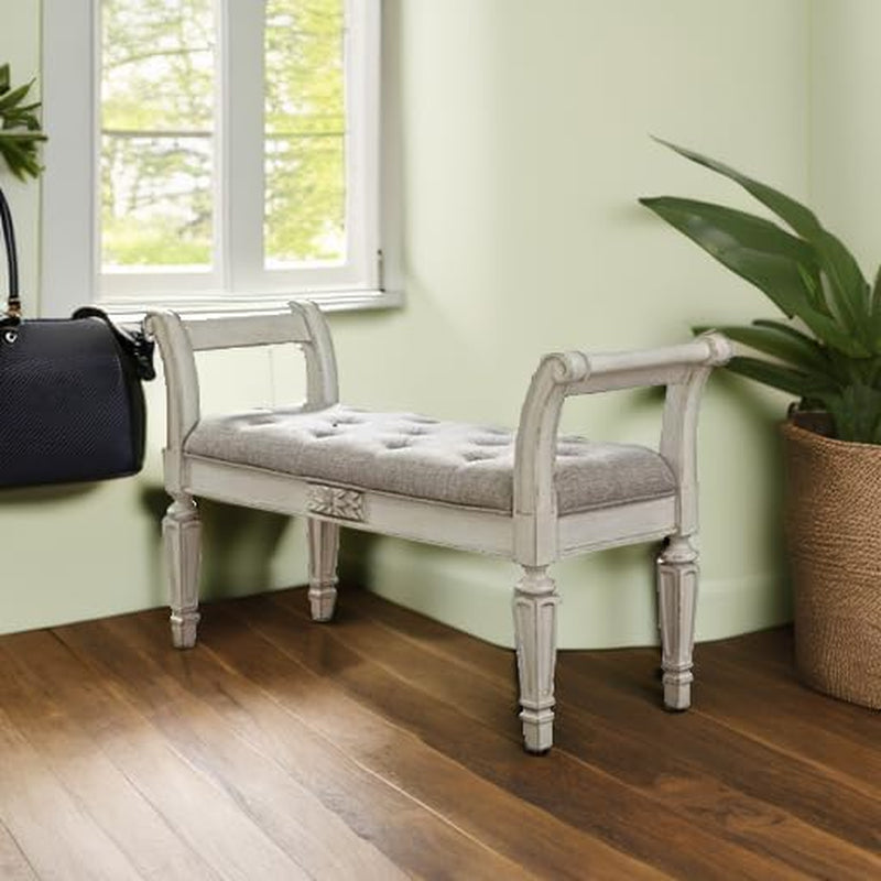 Realyn French Country Upholstered Tufted Accent Bench, Antique White