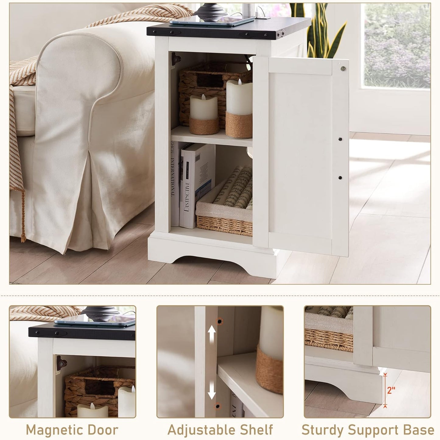 3-Piece Farmhouse Living Room Table Sets, Includeds 36" Lift Top Square Coffee Table W/Large Storage & 2 Rustic Wood End Tables W/Charging Station & Barn Doors (White)