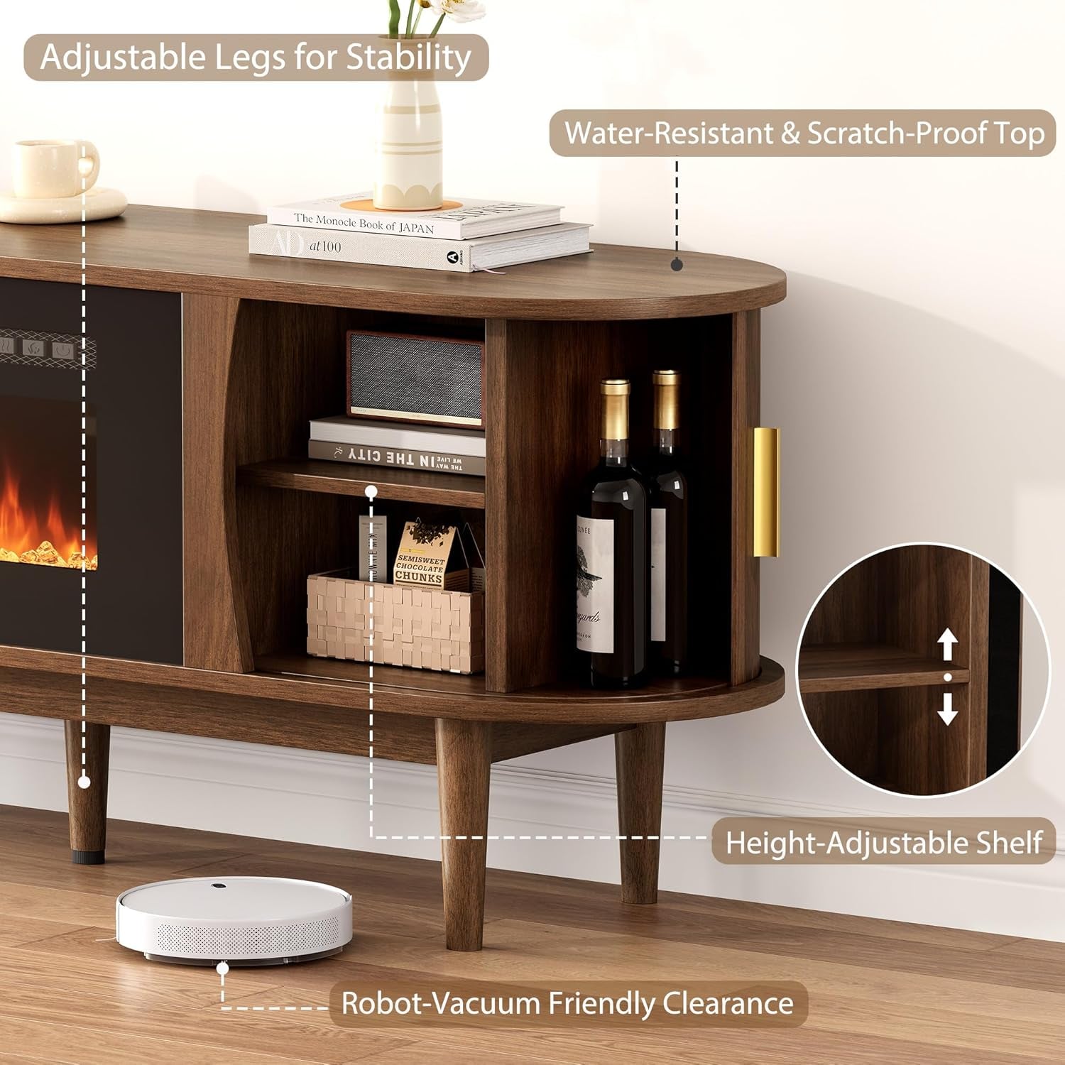 70″ Fluted Fireplace TV Stand for 80″ Tvs, Remote & Touch Control Adjustable Flame Colors & Temperature, Entertainment Center with Storage, Modern Media TV Console Table for Living Room(Walnut)