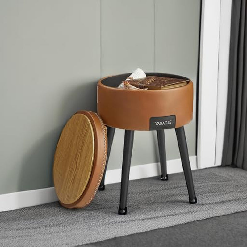 EKHO Collection - Storage Ottoman, Vanity Chair Stool, Synthetic Leather with Stitching, Mid-Century Modern, round Storage Seat with Steel Legs, Loads 330 Lb, Caramel Brown ULOM005K01