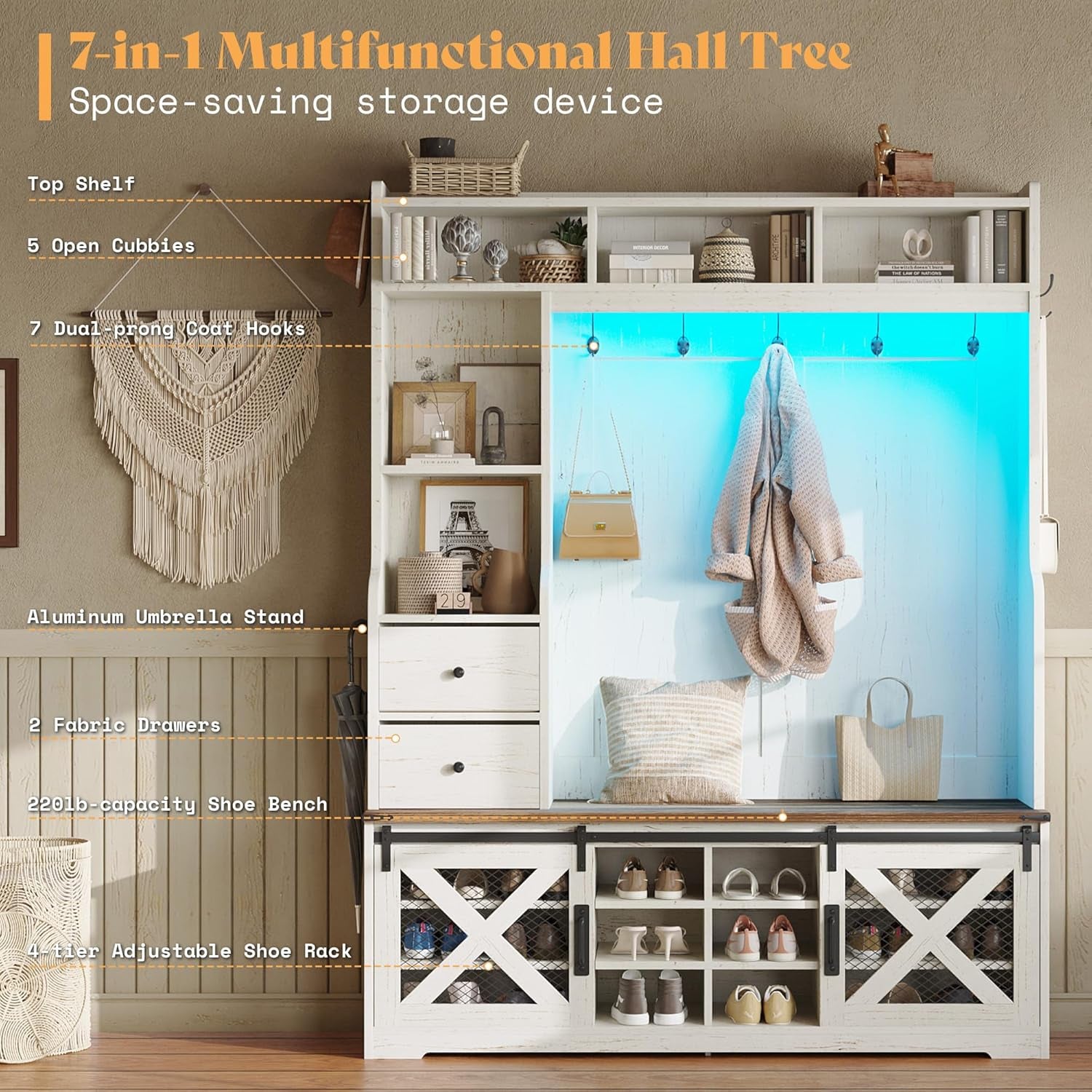 7-In-1 Farmhouse Hall Tree with Bench and Shoe Cabinet, LED Entryway Organizer with 2 Drawers, 12 Shoe Cubbies & Barn Doors, 7 Coat Racks with Shoe Storage, Rustic White