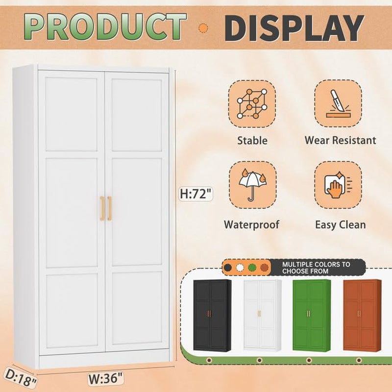 Metal Wardrobe Closet with Doors and Shelves,72" Armoire Wardrobe Closet for Hanging Clothes for Office, Home, School, Employee,Gym(White,36" W X 18" D,Warm Style)