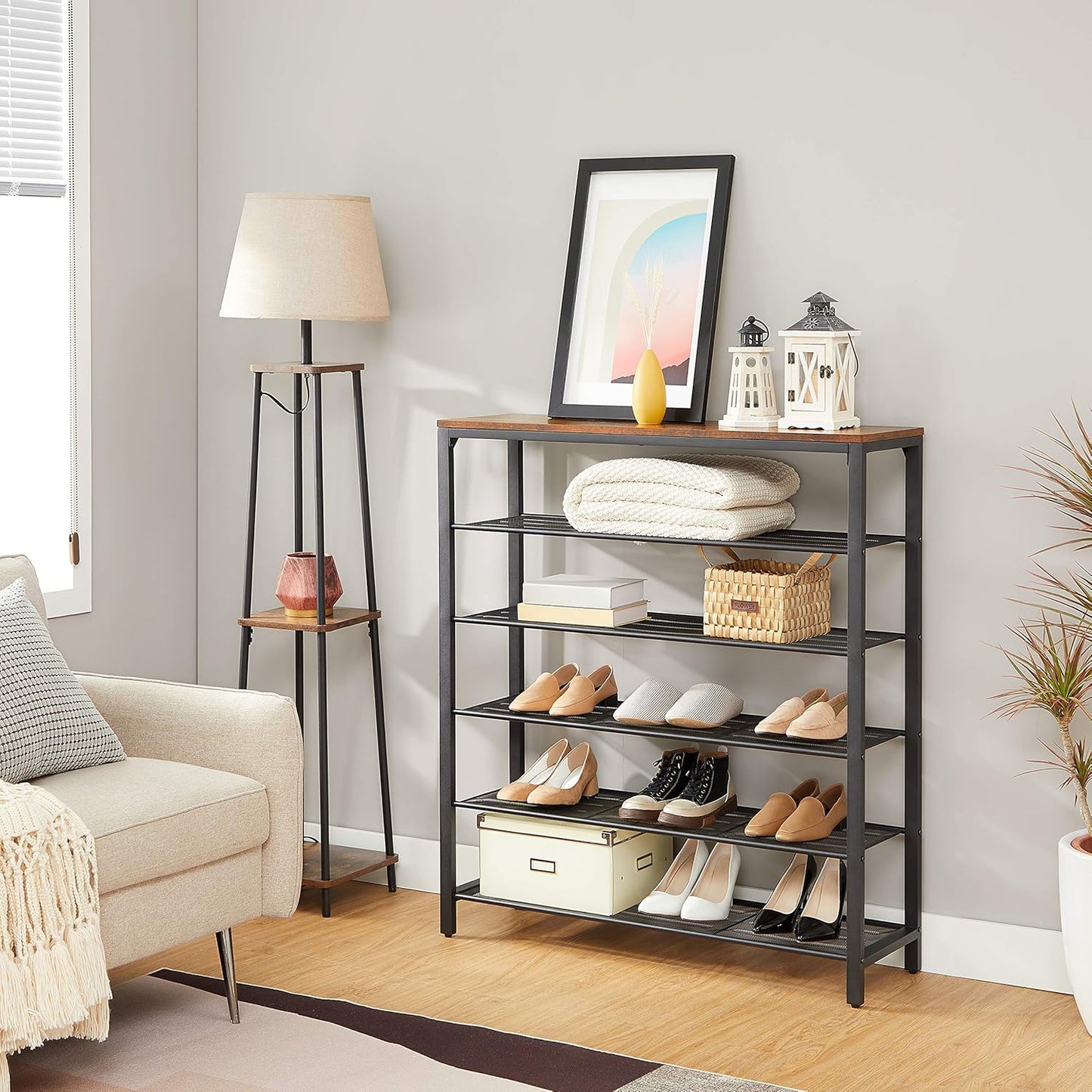 INDESTIC Shoe Rack, Shoe Organizer for Closet with 4 Mesh Shelves and Large Top for Bags, Entryway Hallway Shoe Shelf, Steel Frame, Industrial, Honey Brown and Black ULBS015B05