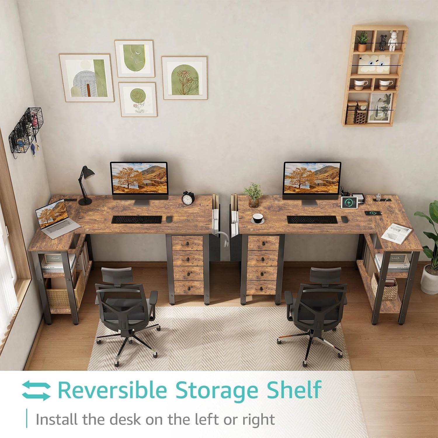 L Shaped Desk with Drawers & Storage Shelves, 47 Inch Small Reversible Corner Desk with Power Outlet for Home Office Bedroom, L-Shaped Gaming PC Computer Desks with Fabric Drawer, Rustic Brown