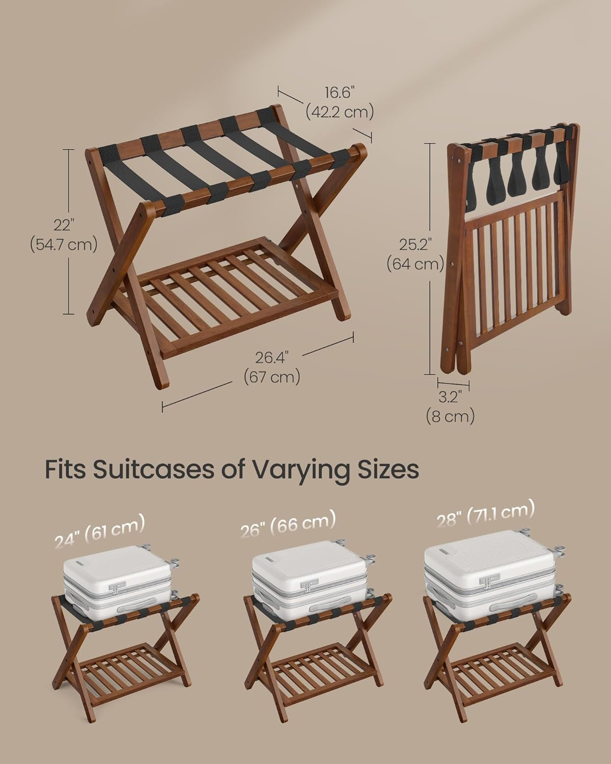 Solid Wood Luggage Rack, No Assembly Required, Foldable Suitcase Stand, Luggage Holder, with Storage Shelf, for Guest Room, Hotel, Bedroom, Coffee Brown URLR020K02