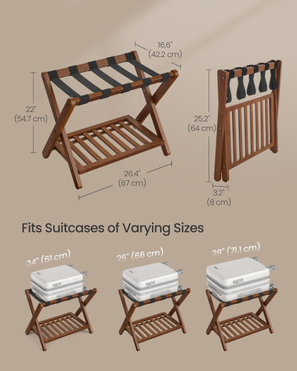 Solid Wood Luggage Rack, No Assembly Required, Foldable Suitcase Stand, Luggage Holder, with Storage Shelf, for Guest Room, Hotel, Bedroom, Coffee Brown URLR020K02
