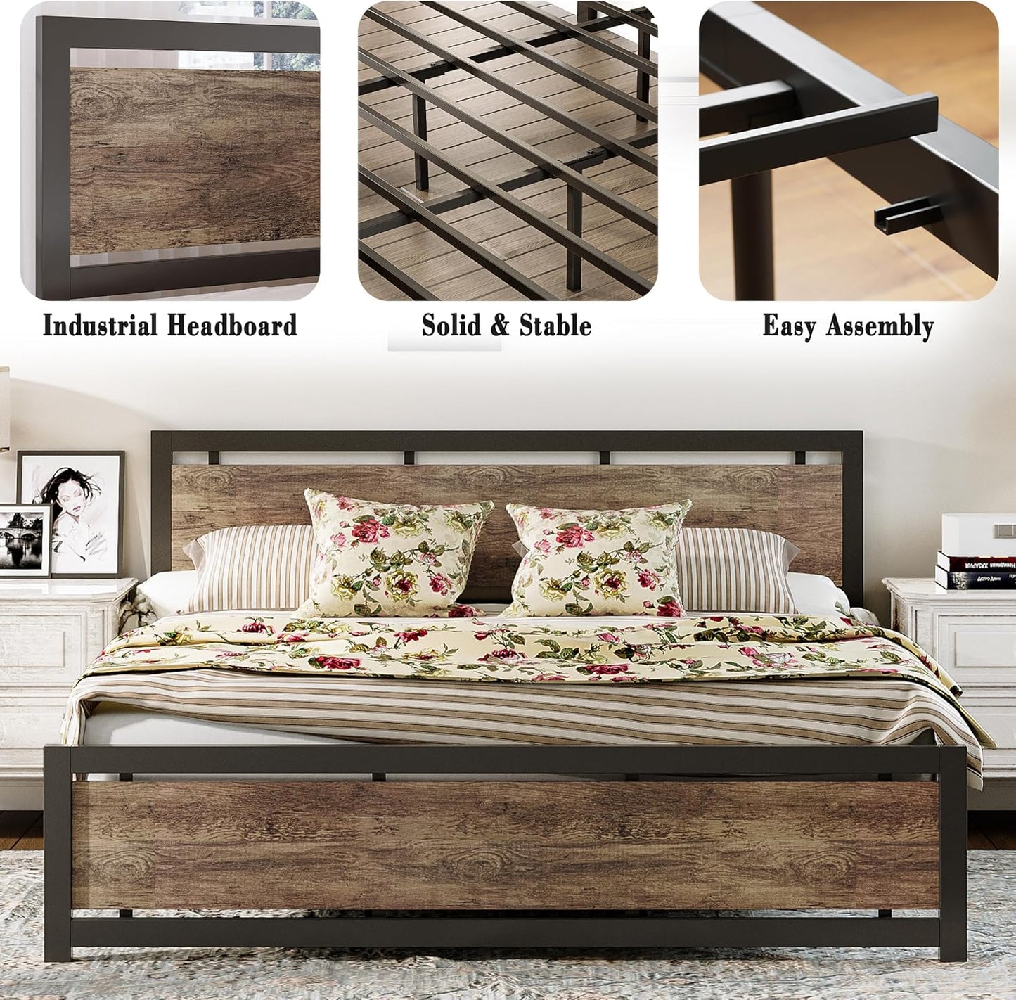 King Bed Frame with Headboard and Footboard, Metal Strong Supports, Easy Assembly, Noise-Free, No Box Spring Needed, Walnut