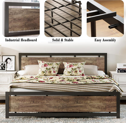 King Bed Frame with Headboard and Footboard, Metal Strong Supports, Easy Assembly, Noise-Free, No Box Spring Needed, Walnut