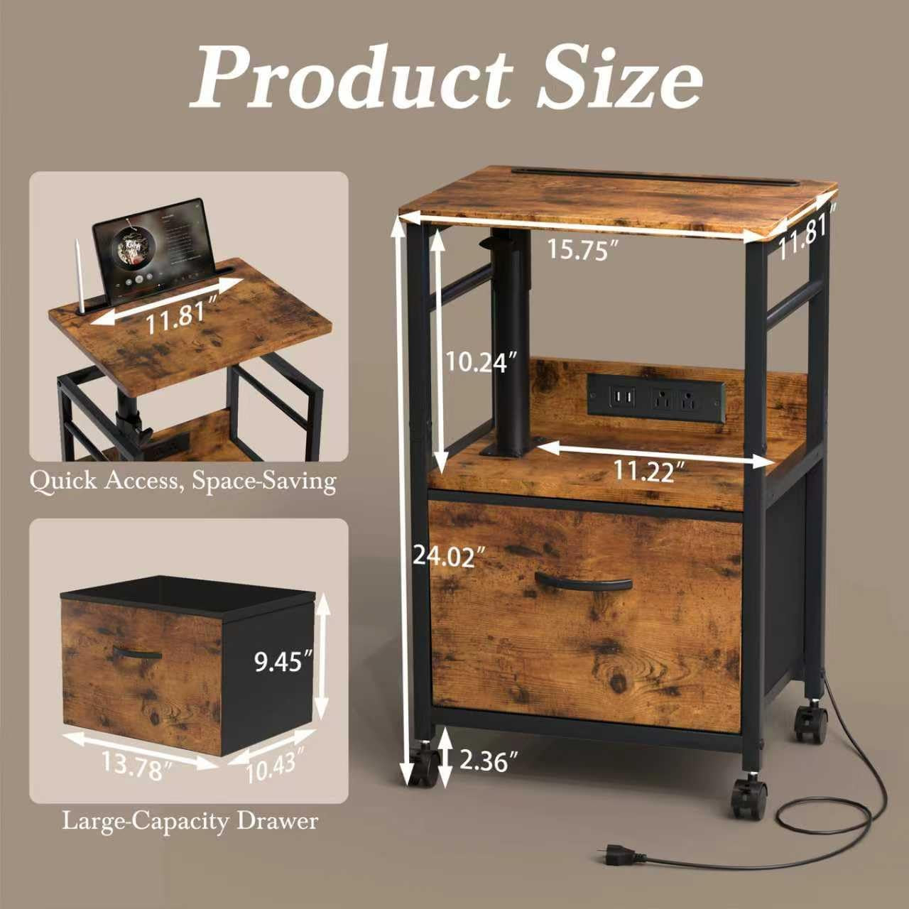 Swivel Lift Top Nightstand with Charging Station, 2-Tier 360° Adjustable Bedside Table, Rolling Night Stand with Wheels, Small End Table with Fabric Drawer, for Bedroom, Living Room, Rustic Brown