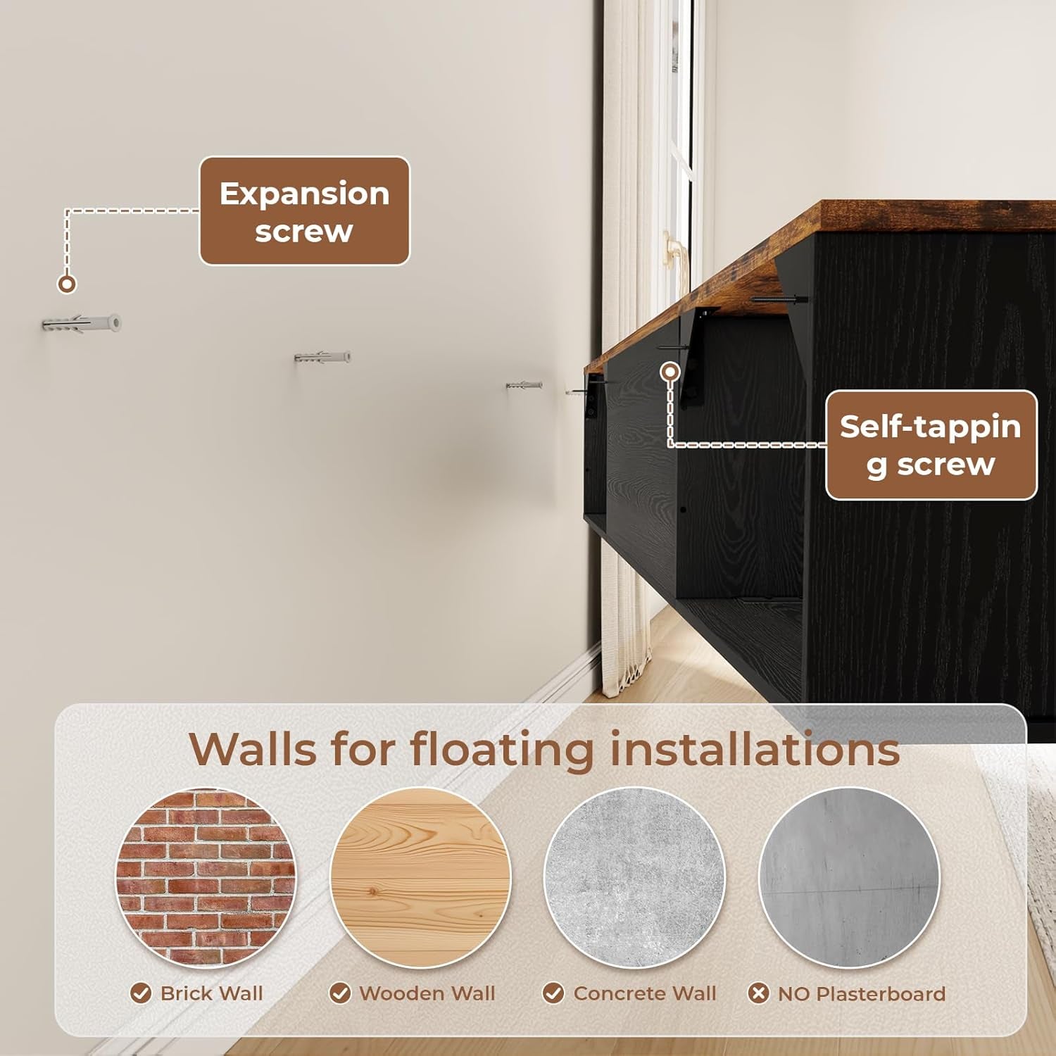 Floating TV Stand with Doors, 63'' Farmhouse Floating TV Shelf for Tvs up to 80 Inch, 2 Tier Wall Mounted TV Stand, Floating Entertainment Center, TV Floating Cabinet for Living Room, Bedroom, Black