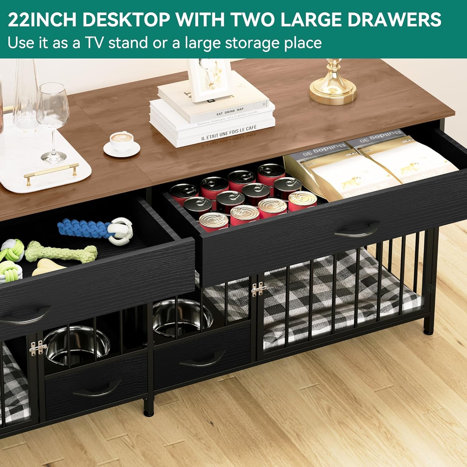 Double Dog Crate TV Stand with Dog Feeder, 74.8" Wooden Large Dog Kennel with Storage, Double Dog Crate Furniture for 2 Small Medium Dogs, Brown