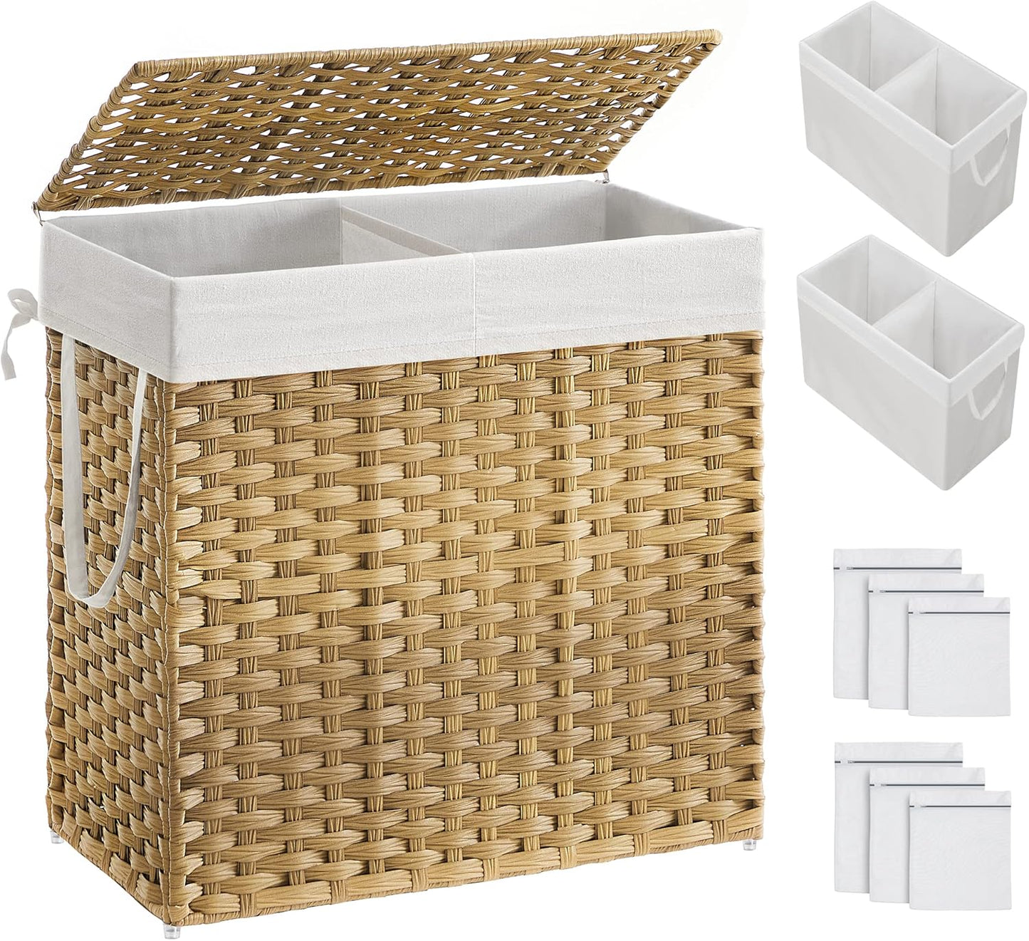 Laundry Hamper with Lid, 90L Clothes Hamper with 2 Removable Liner Bags, 6 Mesh Bags, Wicker Laundry Basket, Double Laundry Hamper for Bathroom, 13 X 18.1 X 23.6 Inches, Natural ULCB251N01V1