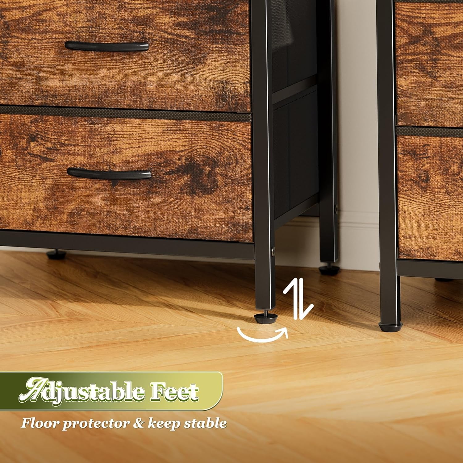 Night Stand Set of 2, Nightstand with 2 Drawers, Bed Side Table with Open Shelf, Wooden Top, End Table, Fabric Drawer, for Bedroom, Rustic Brown