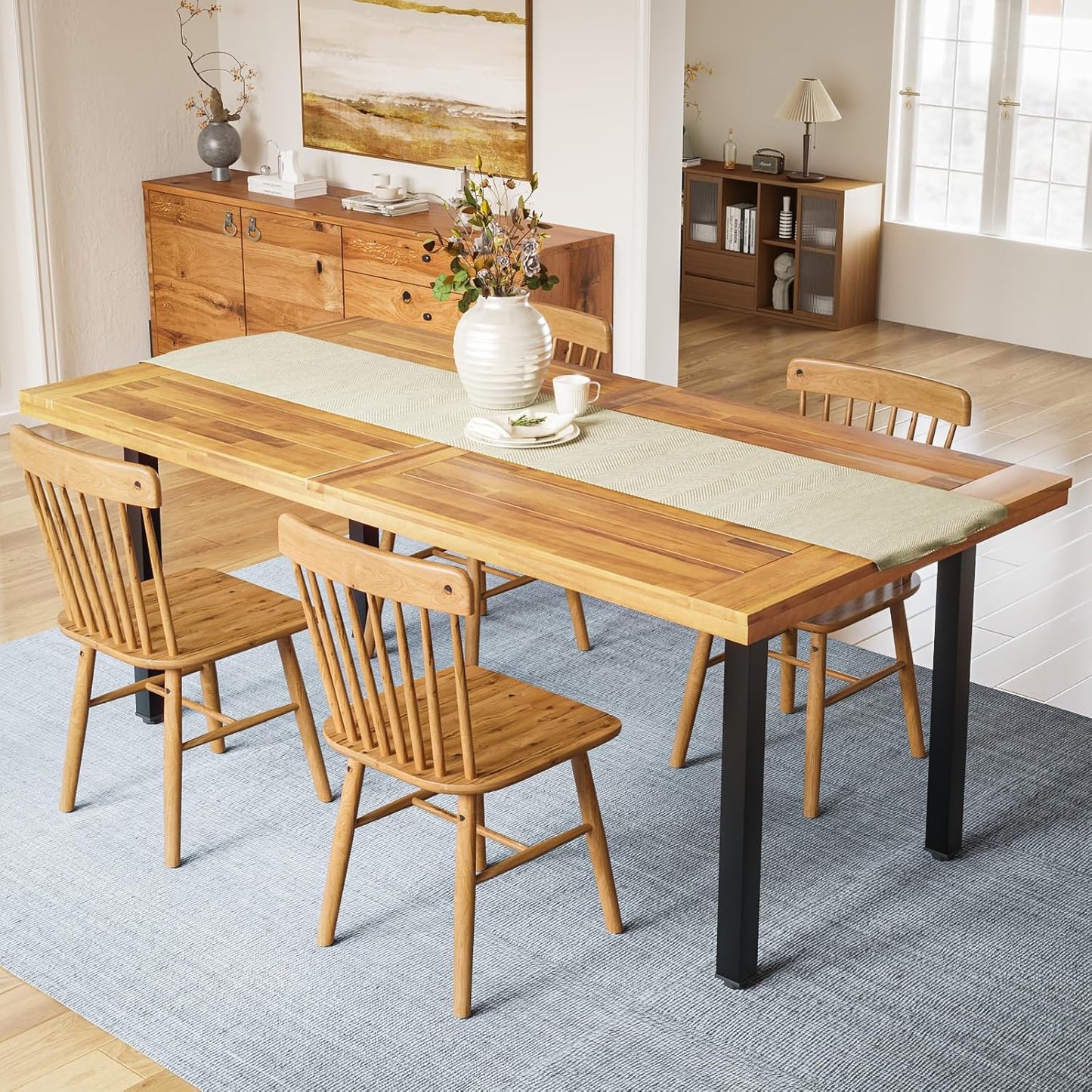 Dining Table for 6-8 People, 70" Acacia Wood Rustic Rectangular Dinner Table with Metal Frame, Sandblast Finish, Natural Stained, Indoor Outdoor Kitchen Dining Room Table Large 70X33.2X30 Inch