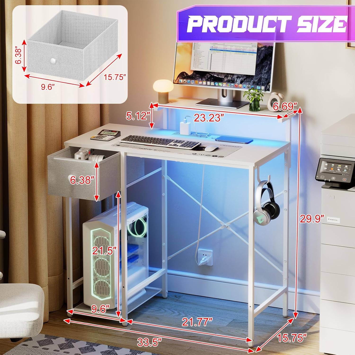 33.5" Small Gaming Desk with LED Lights & Power Outlets, Compact Computer Desk with Monitor Stand & CPU Stand, Gamer Table with Storage Drawer, Side Hooks for Home Office, Bedroom, White