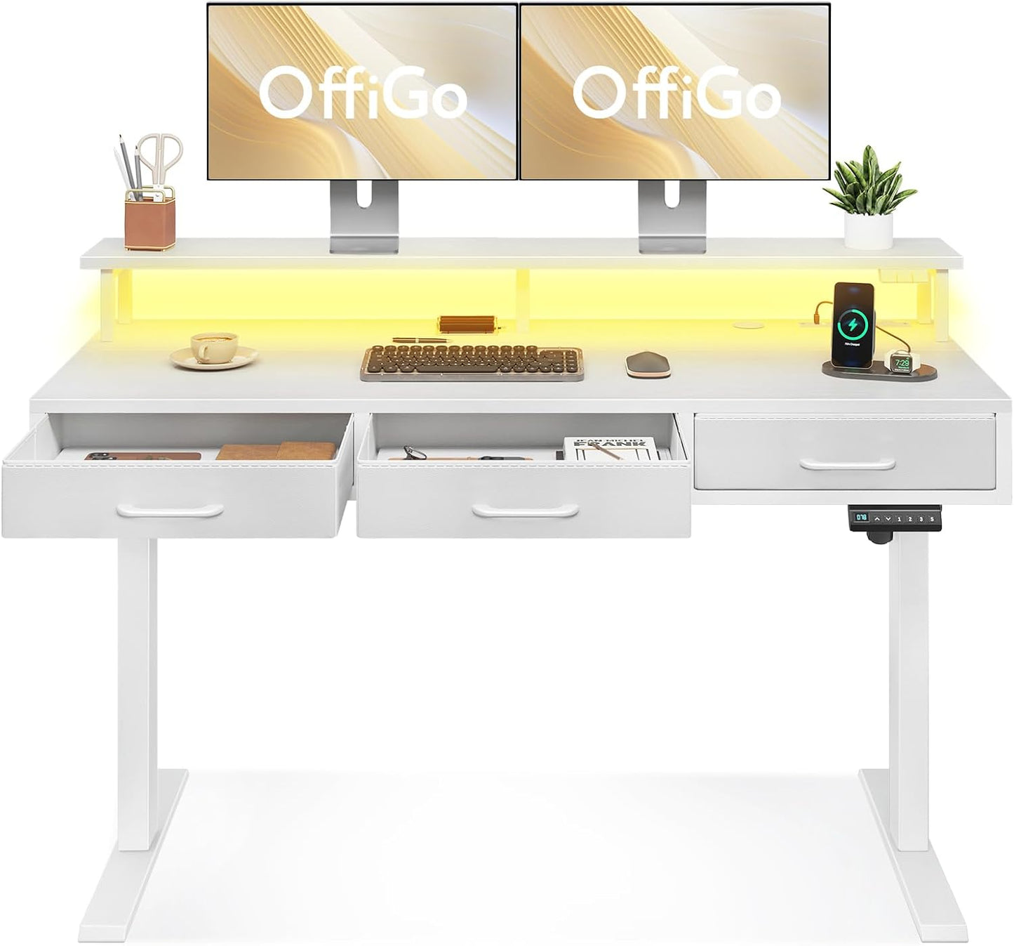 Electric Standing Desk with Drawers, 55 Inch Height Adjustable Desk with Power Outlets & LED Lights, Sit Stand Table with Monitor Stand for Home, Office, Workstation, White