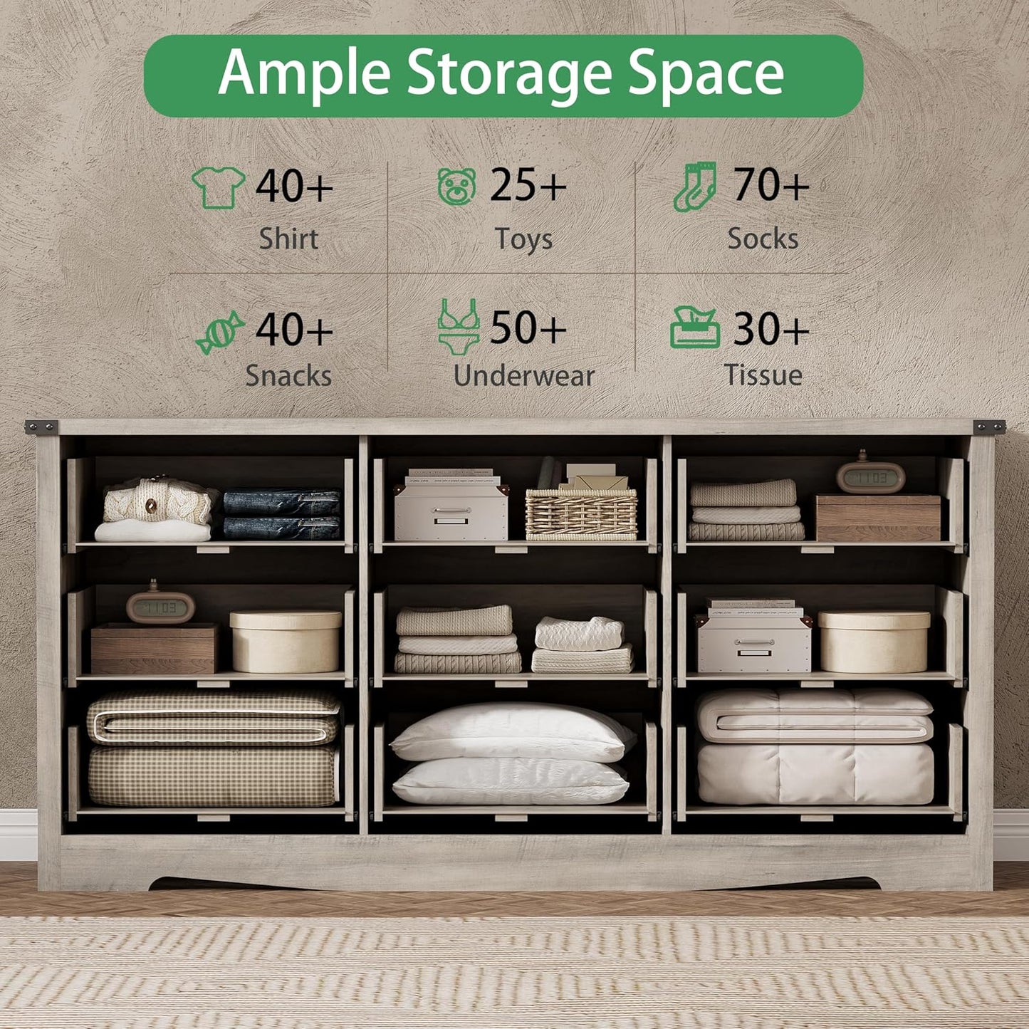 Dresser for Bedroom with 9 Drawers, 59" Wide Wood Chest of Drawers with Deep Drawers & Mental Handle, Modern Dresser TV Stand, Wooden Closet Storage Organizer for Living Room, Hallway, Entryway, Grey
