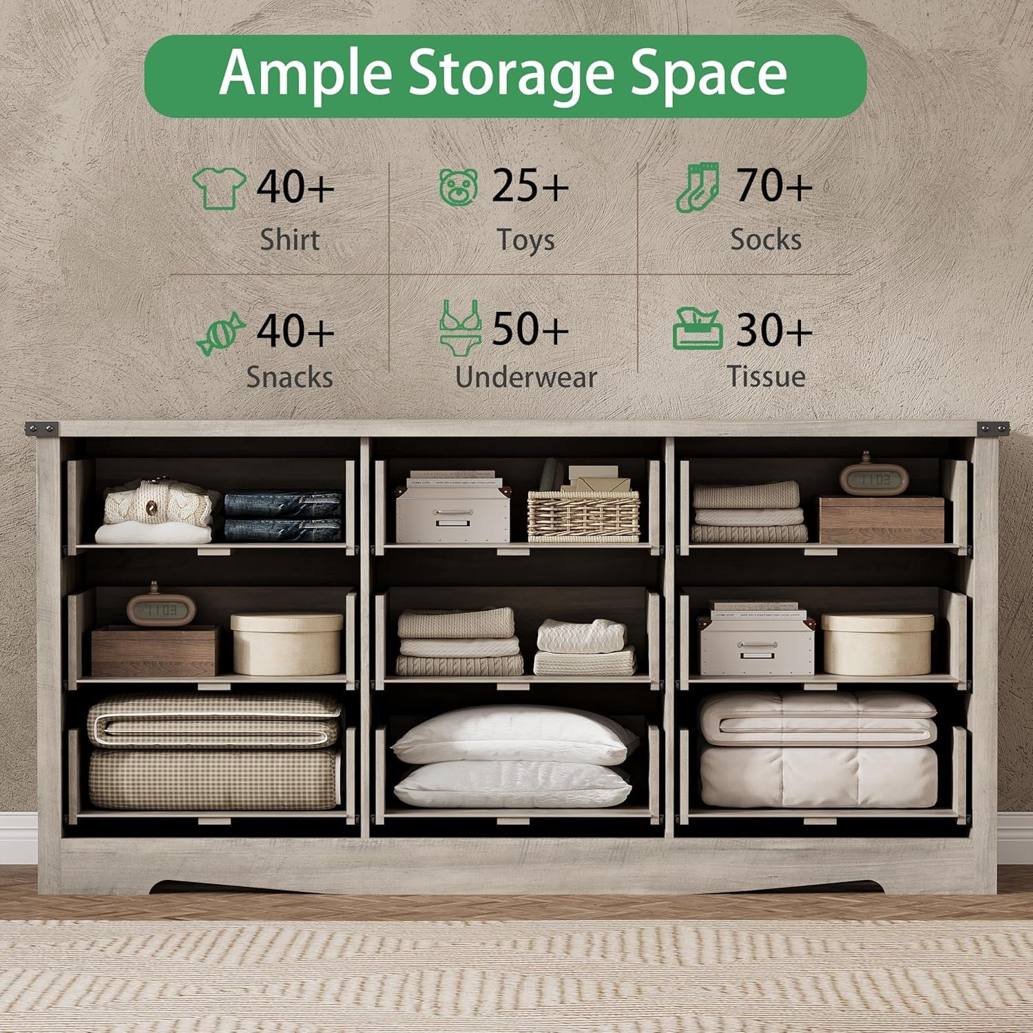Dresser for Bedroom with 9 Drawers, 59" Wide Wood Chest of Drawers with Deep Drawers & Mental Handle, Modern Dresser TV Stand, Wooden Closet Storage Organizer for Living Room, Hallway, Entryway, Grey