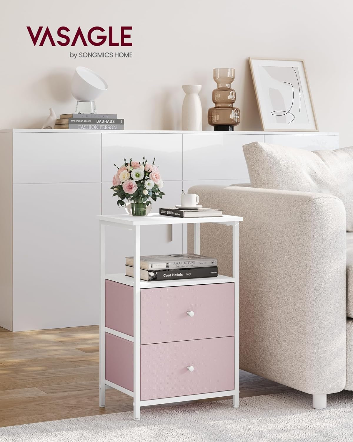 Nightstand, Side Table with 2 Fabric Drawers, 24-Inch Tall End Table with Storage Shelf, Bedroom, Jelly Pink and White ULGS025R05