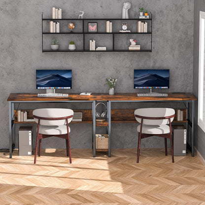 78.74" Two Person Desk with 2 Power Strips, Double Desk with Shelves, Long Computer Desk for Two People, Wood Writing Desk Workstation for Home Office, 23.62"D X 78.74"W X 29.52"H, Rustic Brown