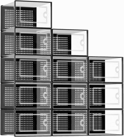 X-Large Shoe Storage Boxes Organizers Clear Plastic Stackable 12 Pack, Shoe Rack & Holder Substitute, Sneaker Containers, Toy Storage Organizer Bins for Entryway, Closet, under Bed, Black