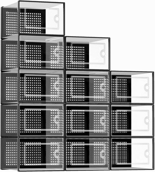 X-Large Shoe Storage Boxes Organizers Clear Plastic Stackable 12 Pack, Shoe Rack & Holder Substitute, Sneaker Containers, Toy Storage Organizer Bins for Entryway, Closet, under Bed, Black