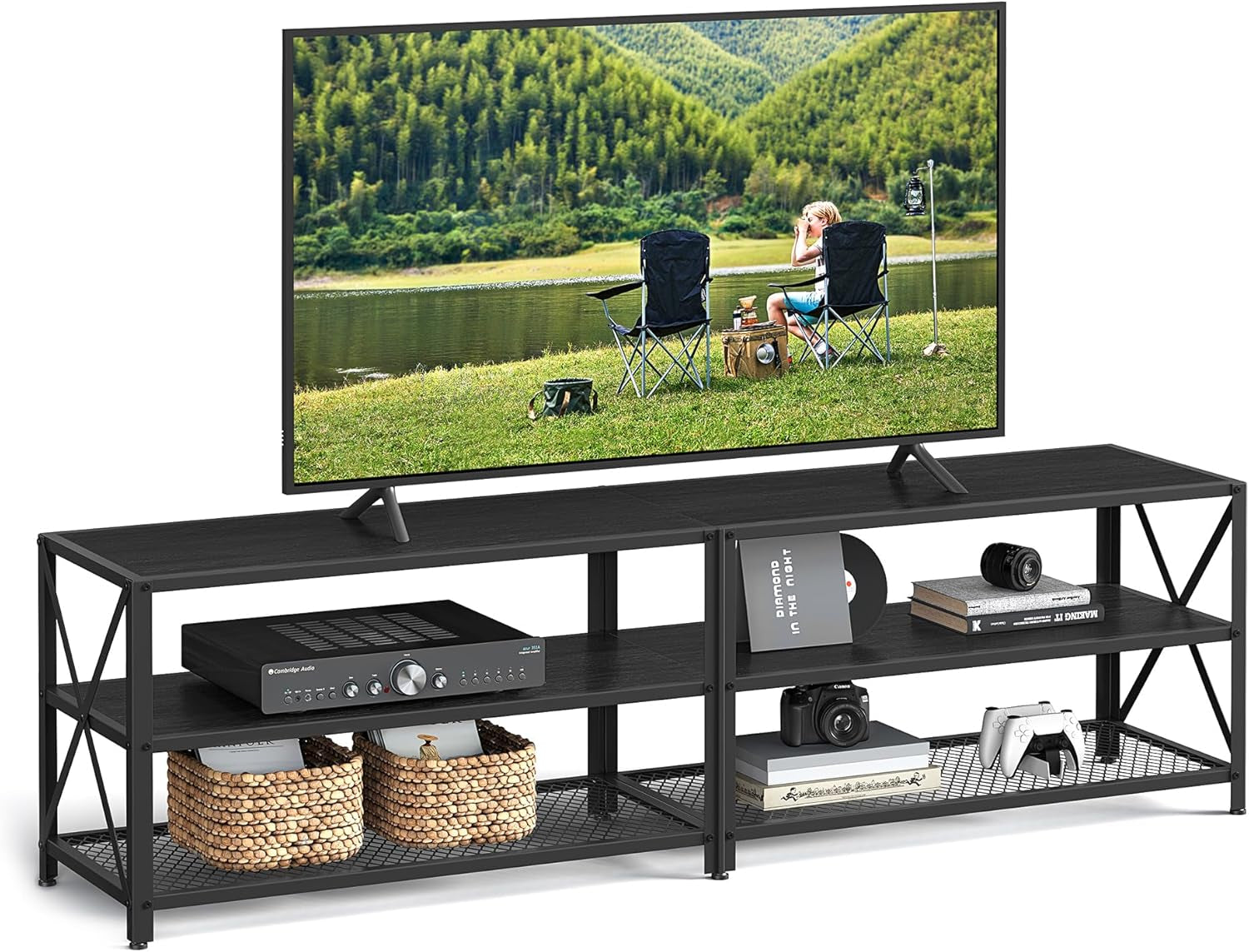 TV Stand, TV Console for Tvs up to 75 Inches, TV Table, 70.1 Inches Width, TV Cabinet with Storage Shelves, Steel Frame, for Living Room, Bedroom, Black with Wood Grain ULTV096B22