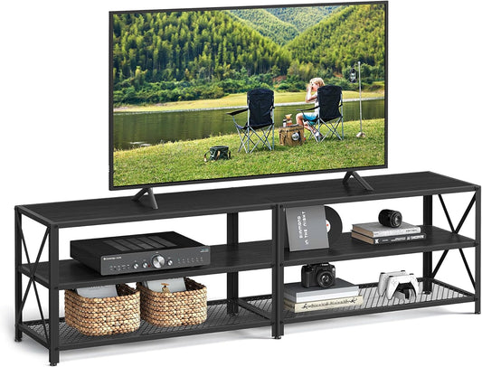 TV Stand, TV Console for Tvs up to 75 Inches, TV Table, 70.1 Inches Width, TV Cabinet with Storage Shelves, Steel Frame, for Living Room, Bedroom, Black with Wood Grain ULTV096B22
