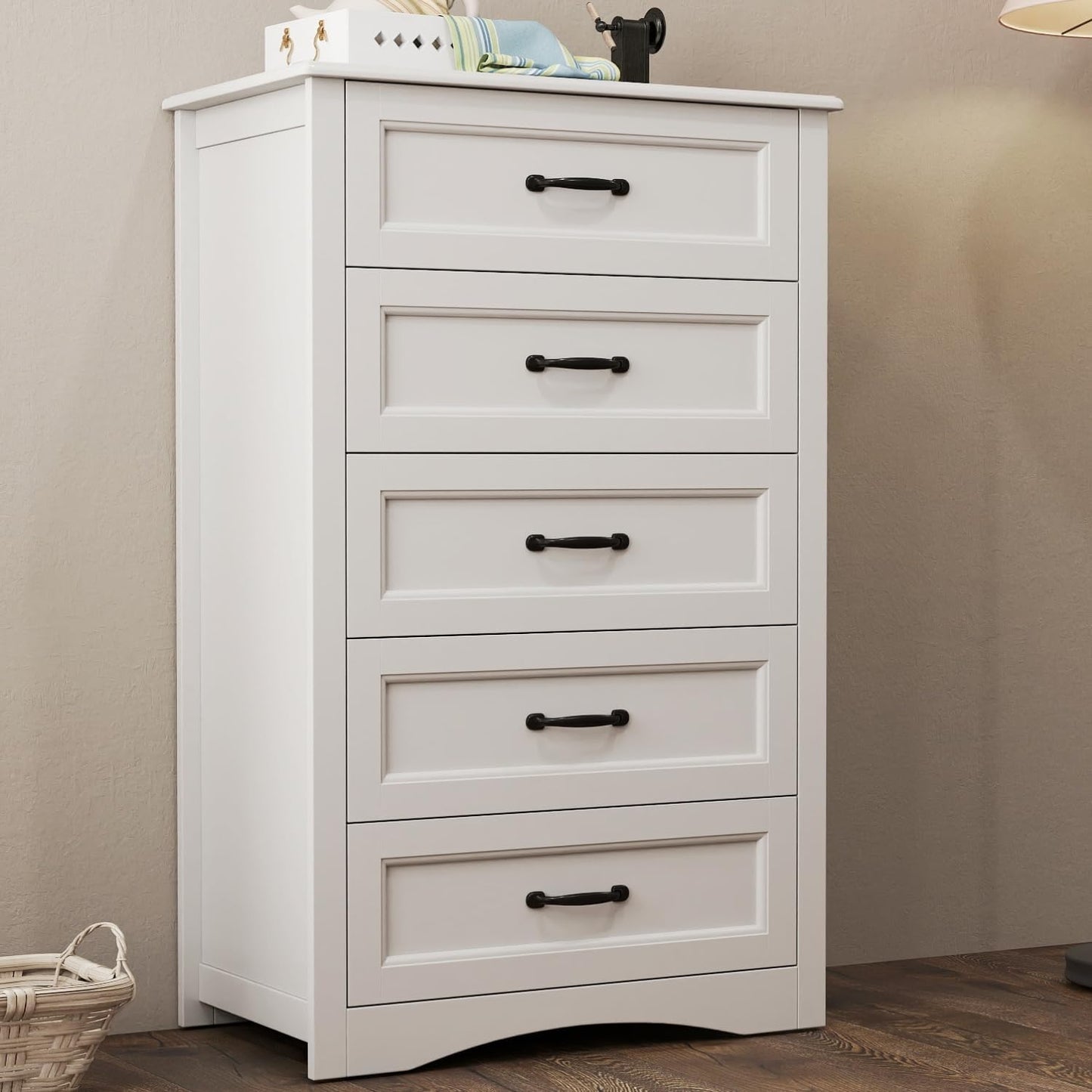 5 Drawer Dresser, White Wood Chest of Drawers for Bedroom, 43.3" Large Capacity Storage Cabinet with Anti-Tip Device, for Clothes, Living Room, Hallway, Office