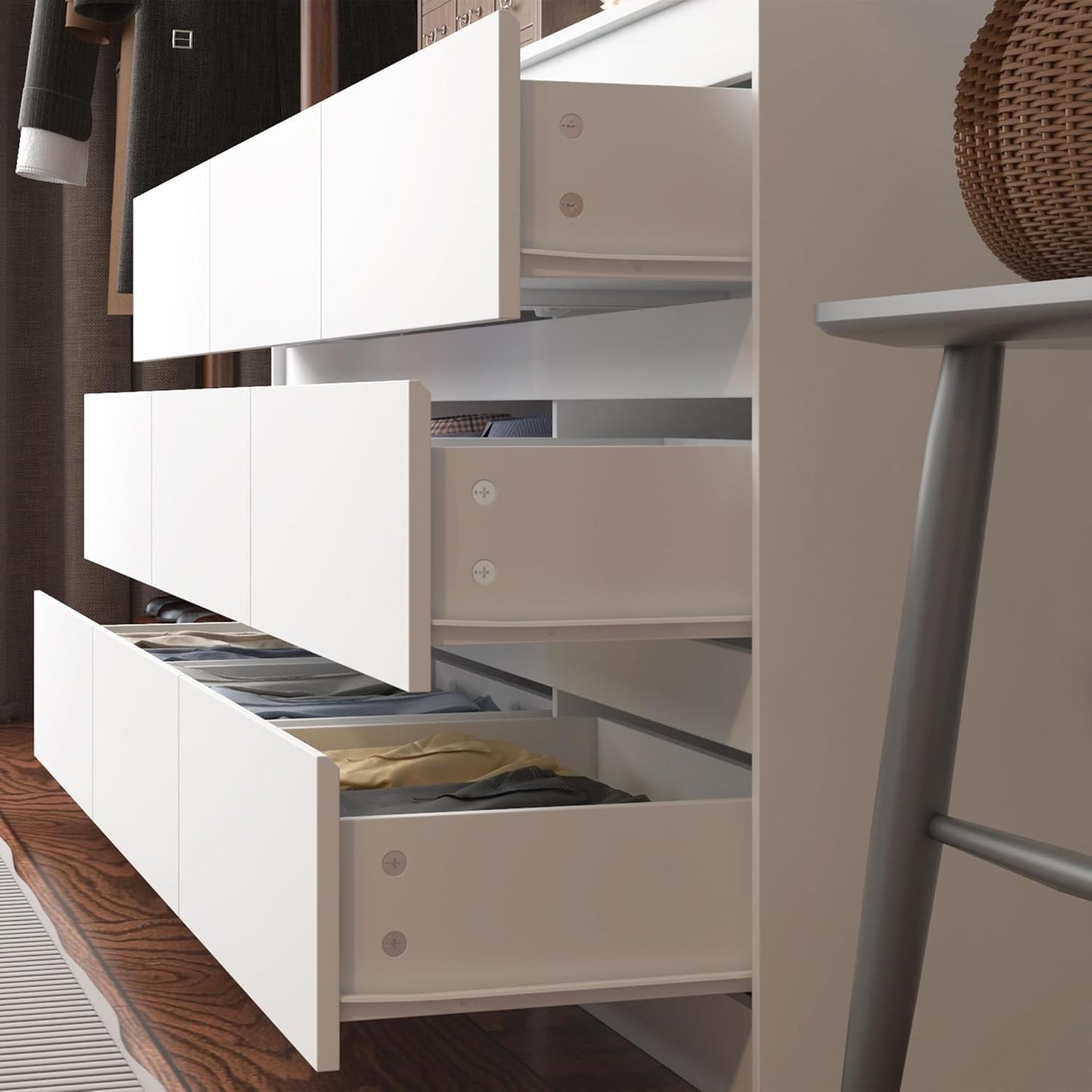 9 Drawer Dresser for Bedroom with Deep Drawers, Large Floor Wood Dressers & Chest of Drawers Handle Free, Modern White Long Dressers for Closet Living Room, Euro Slide (63"W X 15.7"D X 31.5"H)