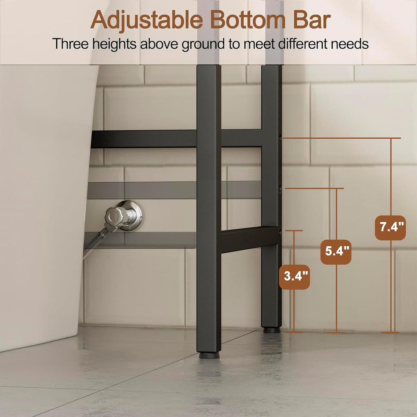 3-Tier over the Toilet Storage with 4 Hooks and Paper Holder, Space Saving, Bathroom Organizer with Adjustable Feet, Metal Frame and Wooden Shelf,Rustic Brown and Black