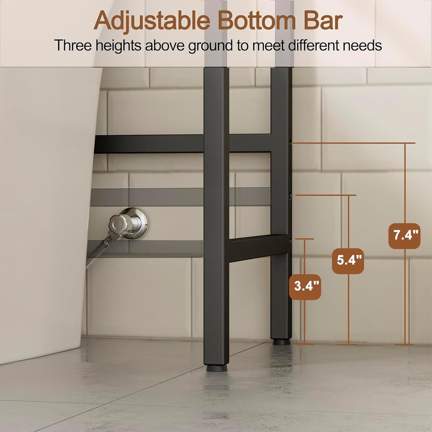 3-Tier over the Toilet Storage with 4 Hooks and Paper Holder, Space Saving, Bathroom Organizer with Adjustable Feet, Metal Frame and Wooden Shelf,Rustic Brown and Black