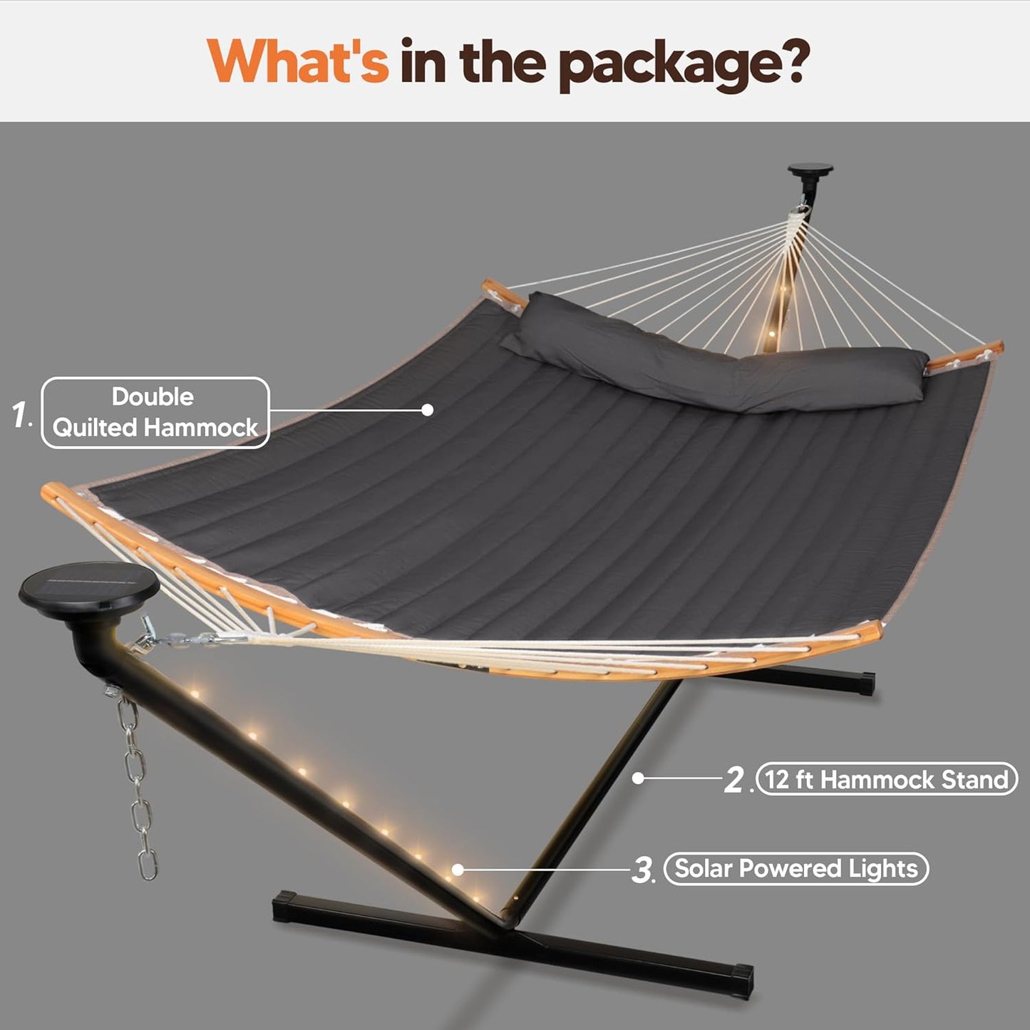 Double Backyard Hammock with Solar Powered Lights for Outside, 475 Lbs Capacity, Heavy Duty Self Standing Hammock with 12 Ft Stand, Dark Grey