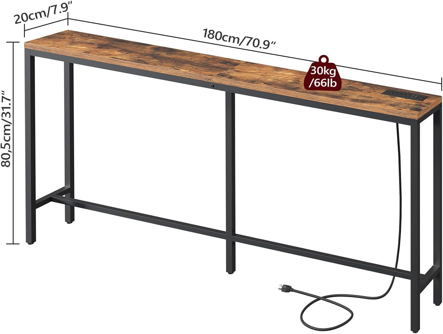 70.9'' Console Table with Power Outlet, Narrow Sofa Table with Charging Station, Skinny behind Couch Table for Entryway, Hallway, Foyer, Living Room, Rustic Brown CTHR18E01Z1