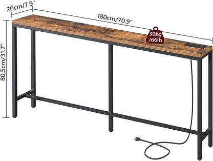 70.9'' Console Table with Power Outlet, Narrow Sofa Table with Charging Station, Skinny behind Couch Table for Entryway, Hallway, Foyer, Living Room, Rustic Brown CTHR18E01Z1