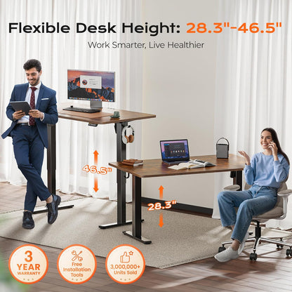 55 X 28 Large Electric Standing Desk, Height Adjustable Computer Desk, 27.6" Deep Desktop, Stand up Gaming Office Desk with 2 Hooks, 3 Preset Heights, for Home Office, Rustic Brown