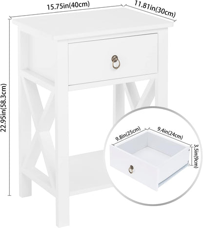Nightstands Set of 2, Night Stand Set of 2 with Drawer, Small White Farmhouse Nightstand Bedroom, End Table/Bed Side/White Side Table for Small Spaces, Kids Room, Living Room