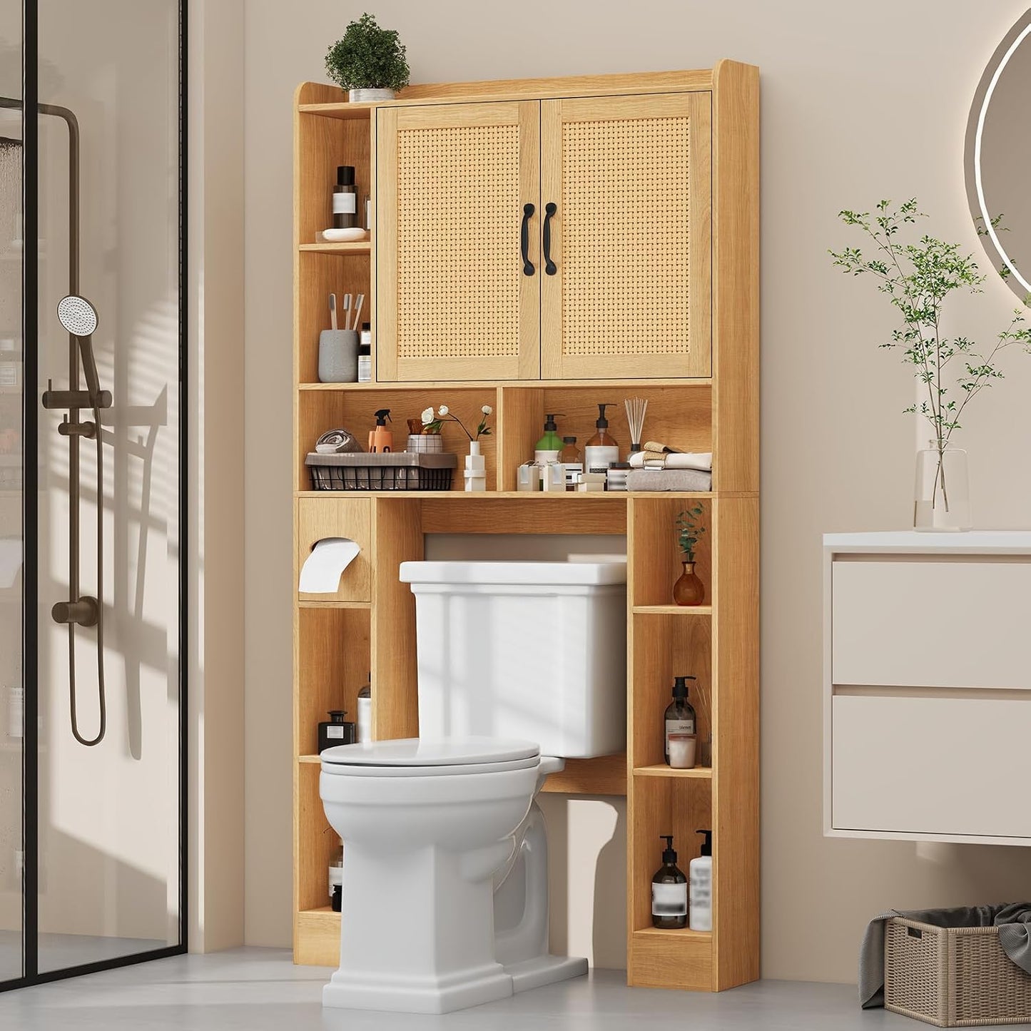 Farmhouse Style Rattan Over-The-Toilet Storage Cabinet with 2 Rattan Doors, Toilet Paper Holder - Space-Saving Oak Bathroom Organizer