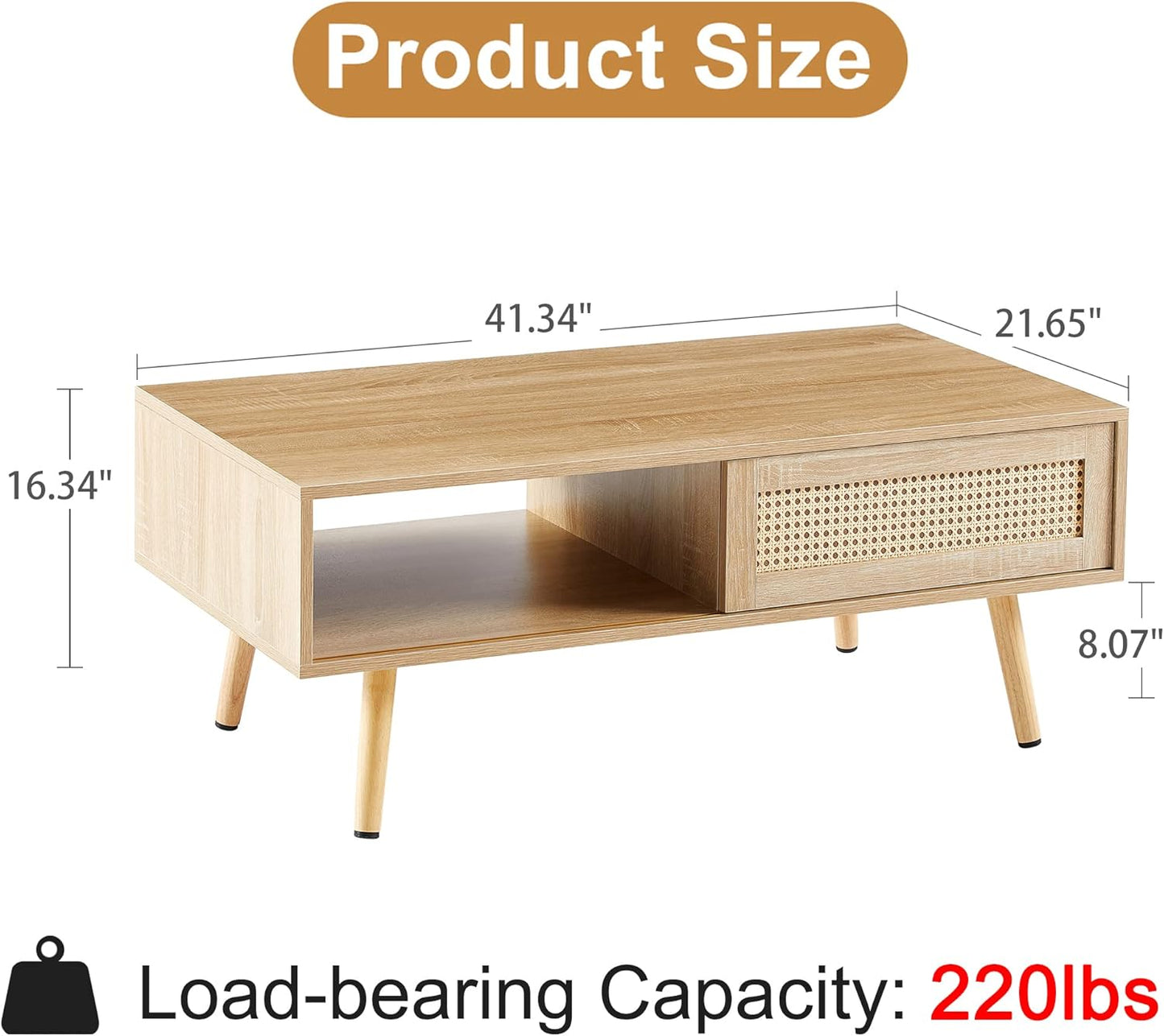 Mid Century Modern Coffee Table with Storage, 41.3 Inch Rectangle Wooden Accent Center Tables with Sliding PE Rattan Woven Door Panel and Solid Wood Legs, Suitable for Living Room, Apartment