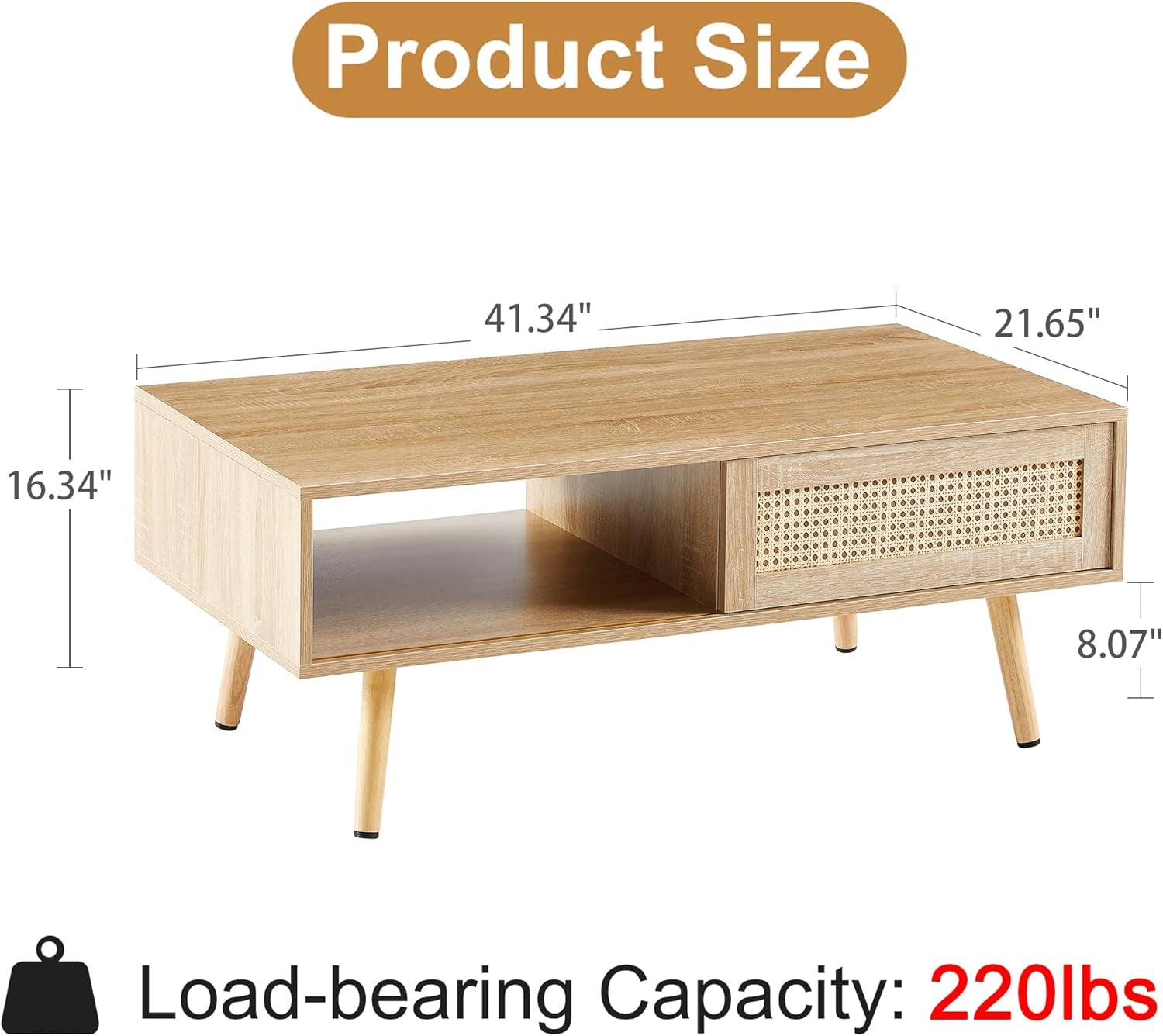 Mid Century Modern Coffee Table with Storage, 41.3 Inch Rectangle Wooden Accent Center Tables with Sliding PE Rattan Woven Door Panel and Solid Wood Legs, Suitable for Living Room, Apartment