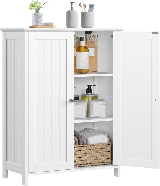 Bathroom Floor Cabinet, Modern Storage Freestanding Organizer Cabinet with Adjustable Shelves & Double Doors, 3-Tier Home Living Room Furniture, White